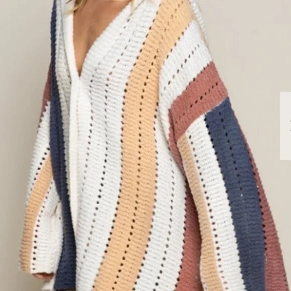 POL Women's V-Neck Sweater in White, Blue, Tan, and Pink